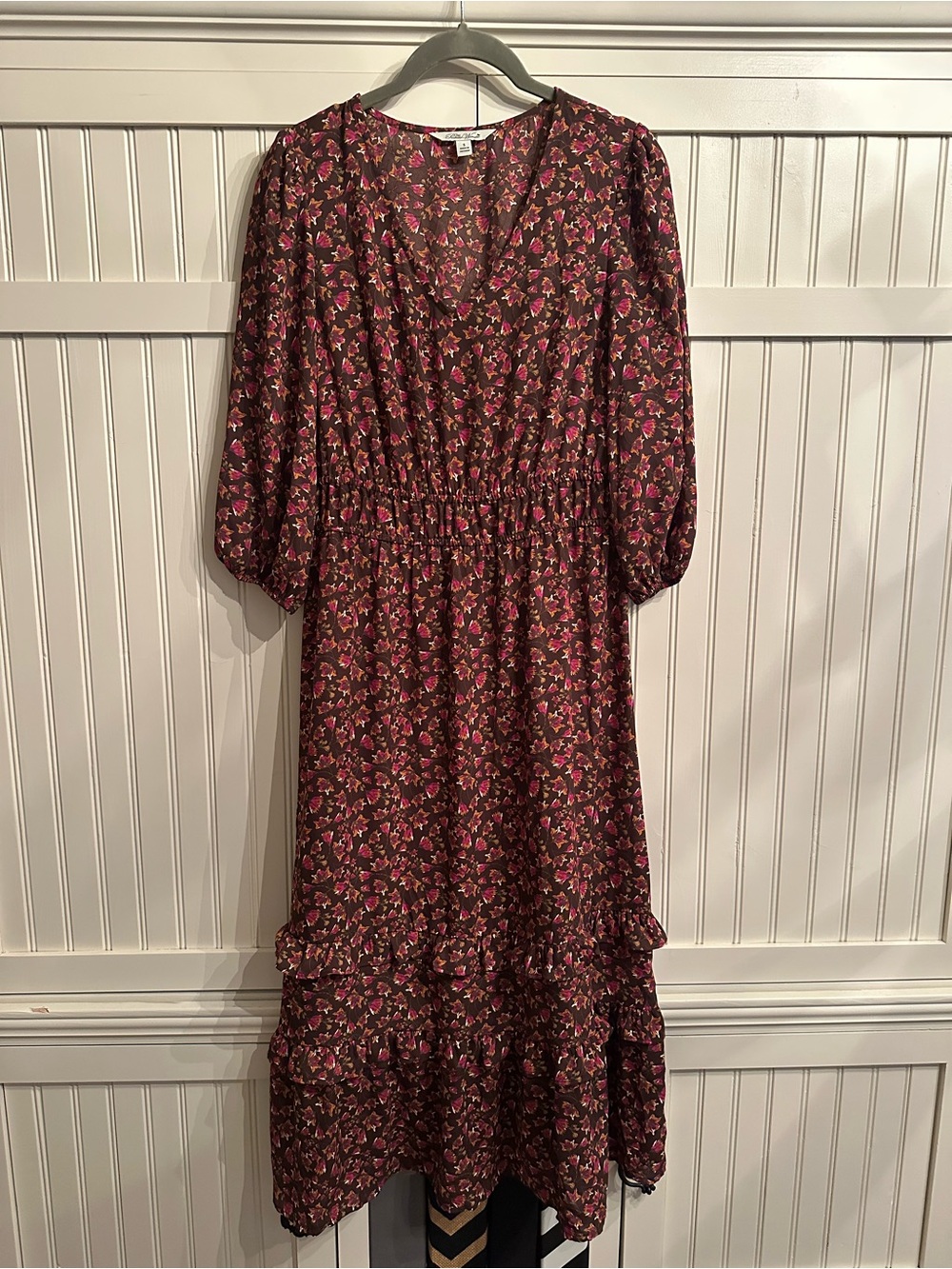 The Pioneer Woman Burgundy Floral Midi Dress with Pink Accents Size S